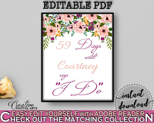 Days Until I Do in Watercolor Flowers Bridal Shower White And Pink Theme, days until i do sign, modern calligraphy, shower activity - 9GOY4 - Digital Product