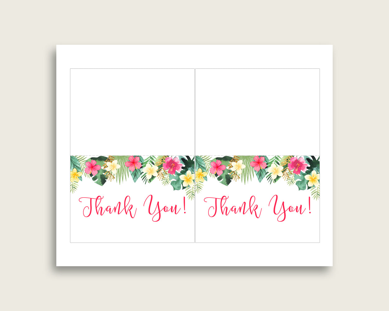 Pink Green Thank You Cards Printable, Hawaiian Baby Shower Thank You Notes, Girl Shower Thank You Folded, Instant Download, Luau Aloha 955MG