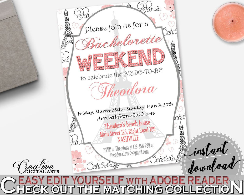 Pink And Gray Paris Bridal Shower Theme: Bachelorette Weekend Invitation Editable - answer, eiffet tower theme, paper supplies - NJAL9 - Digital Product