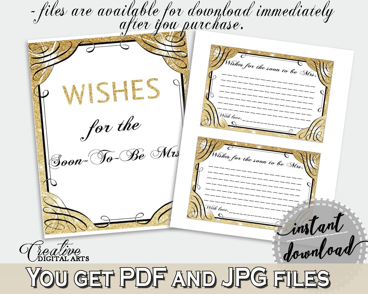 Gold And Yellow Glittering Gold Bridal Shower Theme: Wishes For The Soon To Be Mrs - bride well wishes, gold theme, printable files - JTD7P - Digital Product