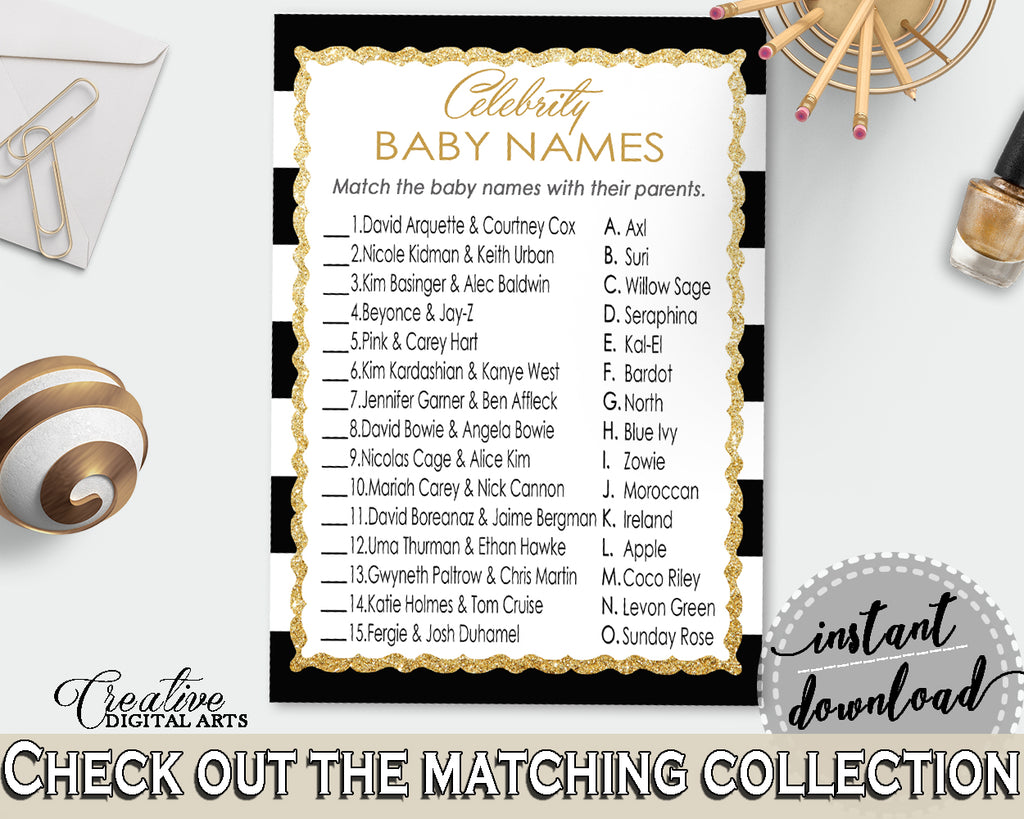 CELEBRITY BABY NAMES baby shower game with black white strips color theme, glitter gold, digital files, Jpg Pdf, instant download - bs001