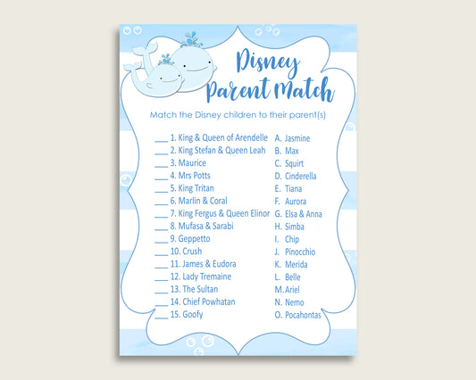 Whale Disney Parent Match Game, Boy Baby Shower Game, Blue White Match The Disney Parents Printable, Instant Download, Nautical Sea, wbl01