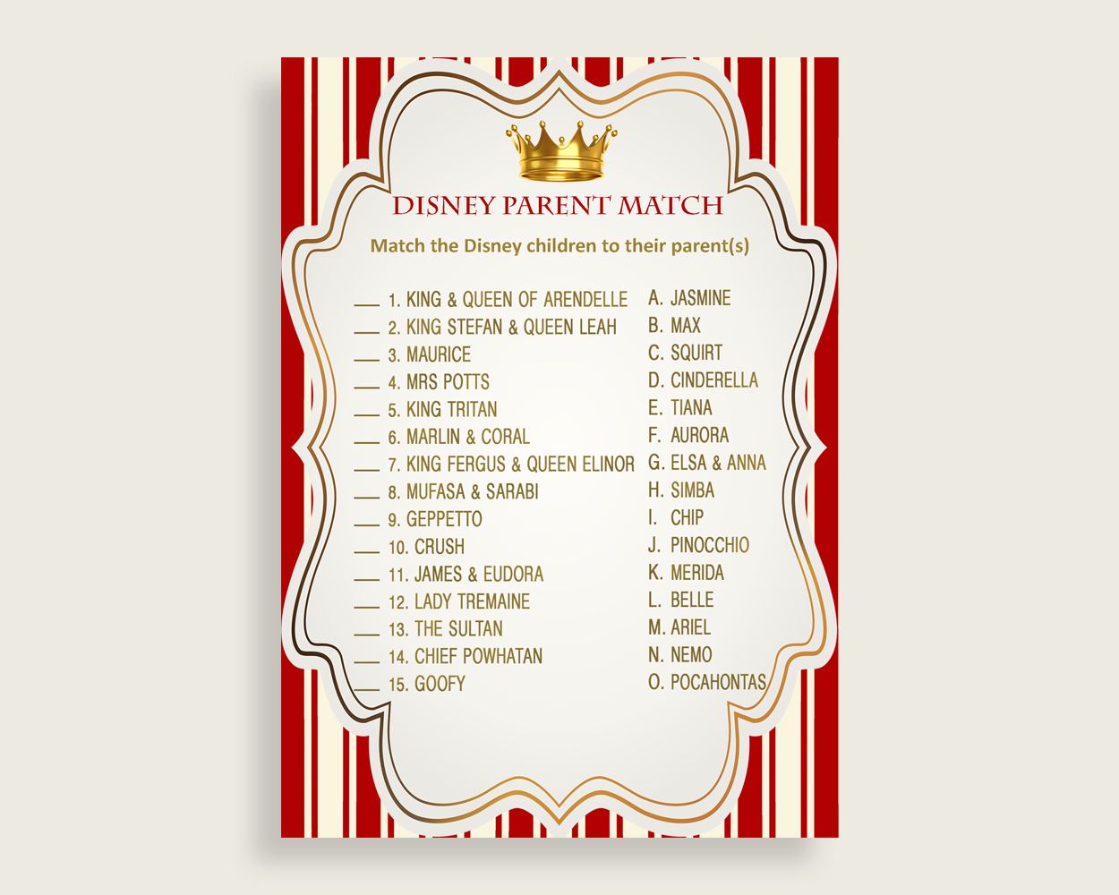 Prince Disney Parent Match Game, Boy Baby Shower Game, Red Gold Match The Disney Parents Printable, Instant Download, Cute Theme, 92EDX