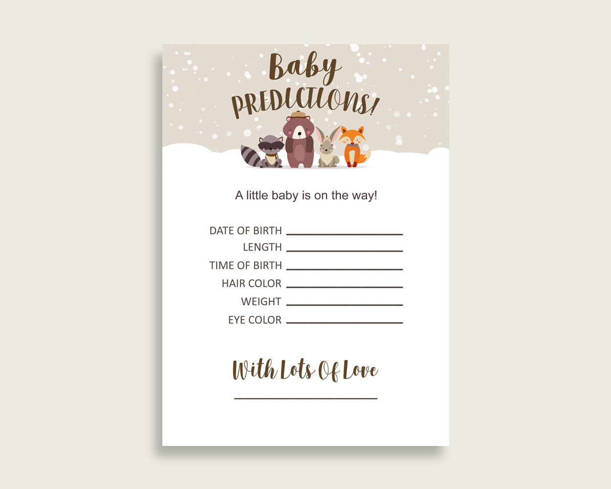 Winter Woodland Baby Shower Prediction Cards & Sign Printable, Beige Brown Baby Prediction Game Gender Neutral, Instant Download RM4SN