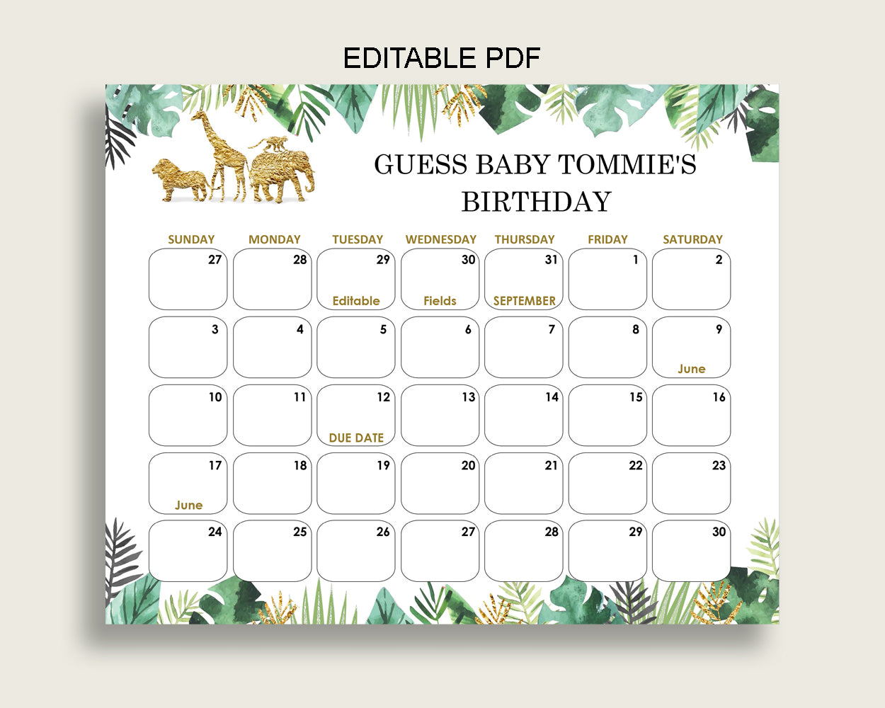 Gold Green Guess Baby Due Date Calendar Game Printable, Jungle Baby Shower Gender Neutral Birthday Prediction Calendar Editable EJRED