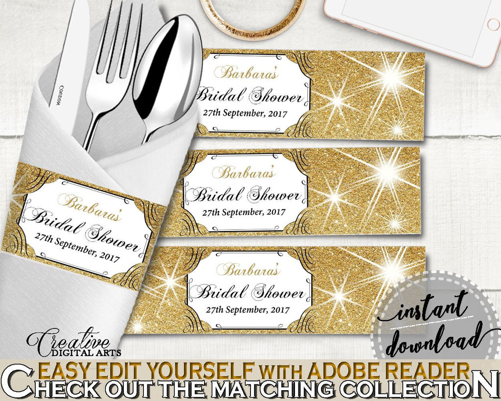 Napkin Ring Editable in Glittering Gold Bridal Shower Gold And Yellow Theme, napkin stickers, black gold, paper supplies, prints - JTD7P - Digital Product