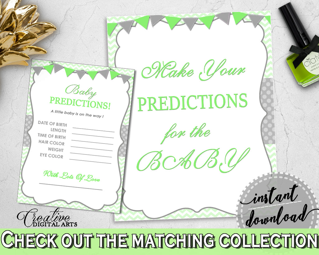 PREDICTIONS FOR BABY sign and cards activity printable for boy or girl shower with green chevron theme, Jpg Pdf, instant download - cgr01