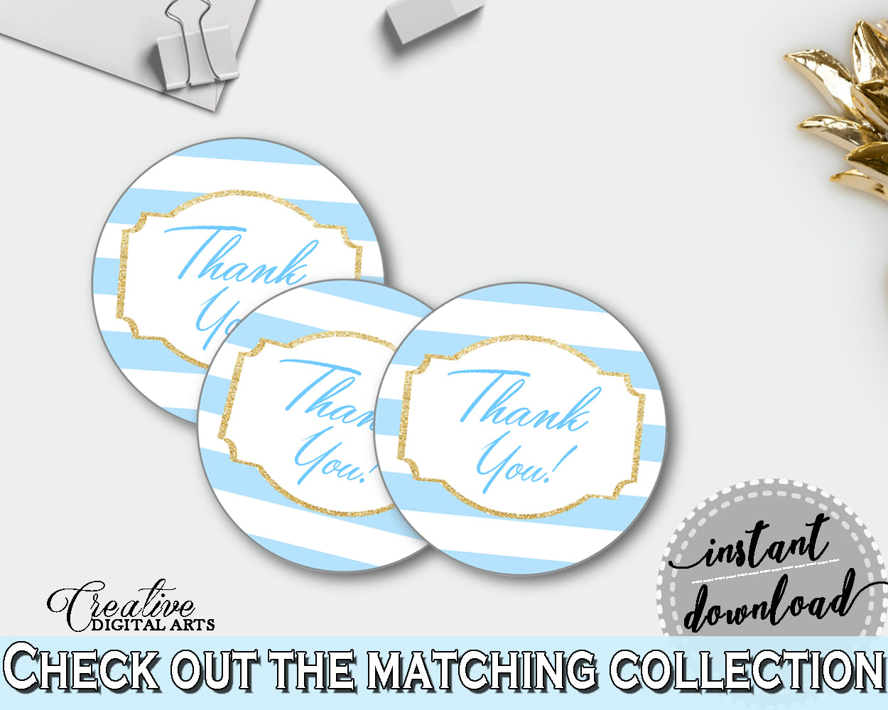 Baby shower THANK YOU round printable tag or sticker with blue white stripes for boys, digital, instant download - bs002