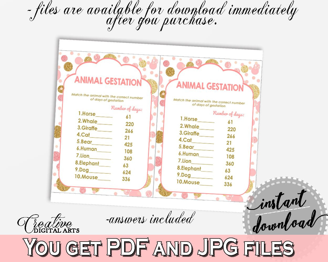 Pink Gold Animal Gestation, Baby Shower Animal Gestation, Dots Baby Shower Animal Gestation, Baby Shower Dots Animal Gestation party RUK83 - Digital Product