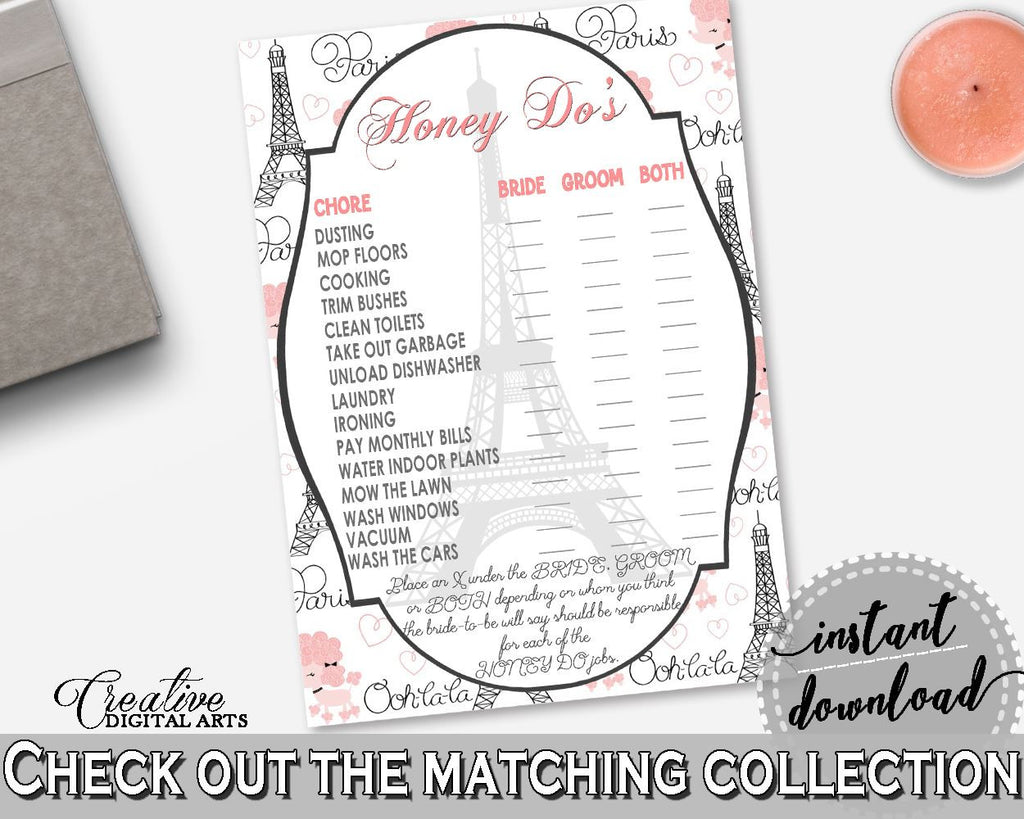 Pink And Gray Paris Bridal Shower Theme: Honey Do List - sweetheart work, eiffel tower bridal, party decor, paper supplies, prints - NJAL9 - Digital Product