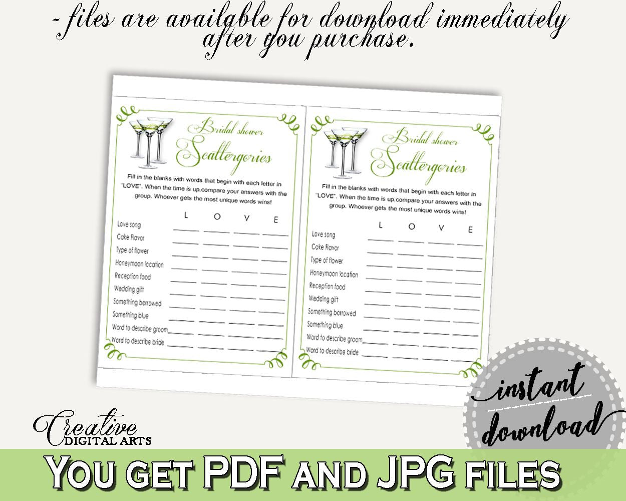 Scattergories Bridal Shower Scattergories Modern Martini Bridal Shower Scattergories Bridal Shower Modern Martini Scattergories Green ARTAN - Digital Product