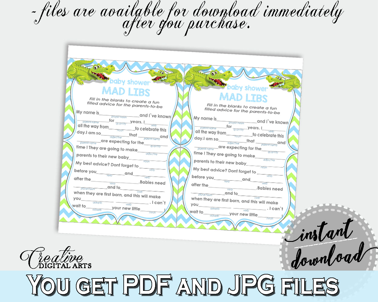 MAD LIBS baby shower game with green alligator and blue color theme, instant download - ap002