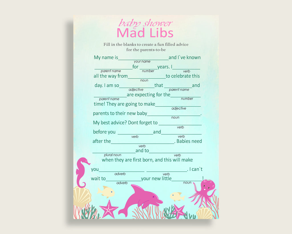 Pink Green Mad Libs Baby Shower Girl Game Printable, Under The Sea Mad Libs Fun Activity, DIY digital file, Popular Sea Creatures uts01