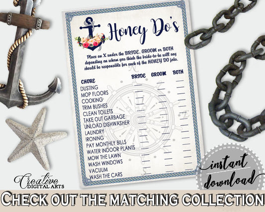 Honey Do List in Nautical Anchor Flowers Bridal Shower Navy Blue Theme, honey do's bridal, vintage shower, printables, prints - 87BSZ - Digital Product