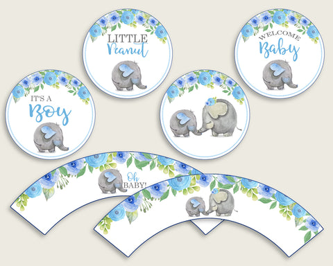 Elephant Blue Cupcake Toppers, Blue Gray Cupcake Wrappers, Toppers Wrappers Baby Shower Boy, Instant Download, Elephant Trunk Mammoth ebl01