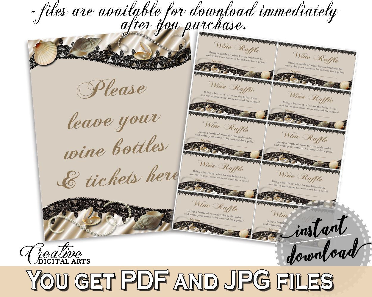 Brown And Beige Seashells And Pearls Bridal Shower Theme: Wine Raffle - stock the bar, lace shower, party theme, customizable files - 65924 - Digital Product