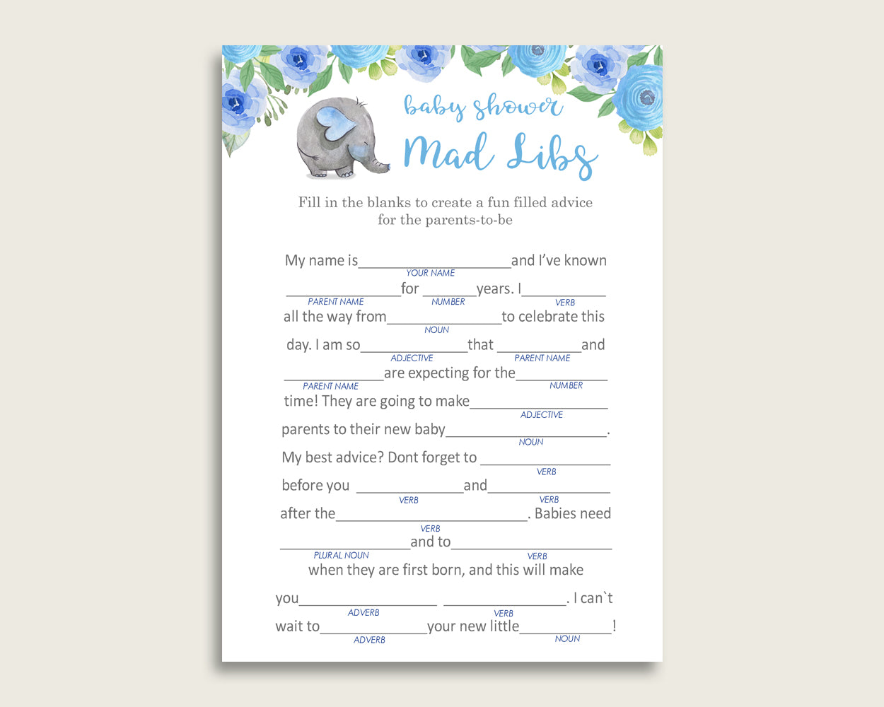 Blue Gray Mad Libs Baby Shower Boy Game Printable, Elephant Blue Mad Libs Fun Activity, DIY digital file, Elephant Trunk Flowers ebl01