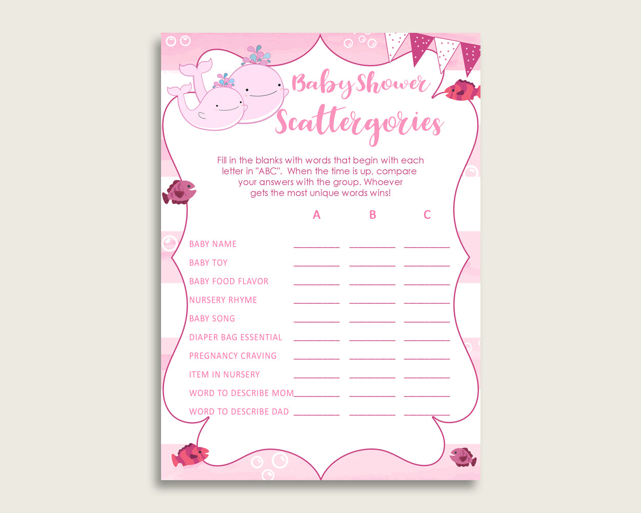 Scattergories Baby Shower Pink Whale Theme, Pink White Scattergories Game Printable, Girl Baby Shower Fun Activity, Popular wbl02