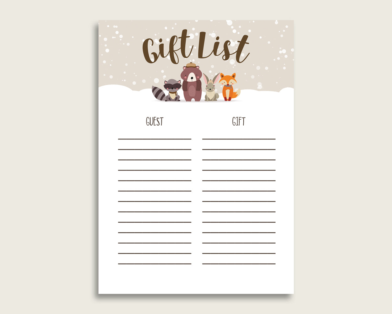 Winter Woodland Baby Shower Gift List, Beige Brown Gift List Printable, Gender Neutral Baby Shower Gift Checklist Sheet, Instant RM4SN