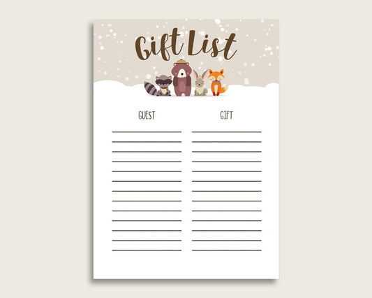 Winter Woodland Baby Shower Gift List, Beige Brown Gift List Printable, Gender Neutral Baby Shower Gift Checklist Sheet, Instant RM4SN