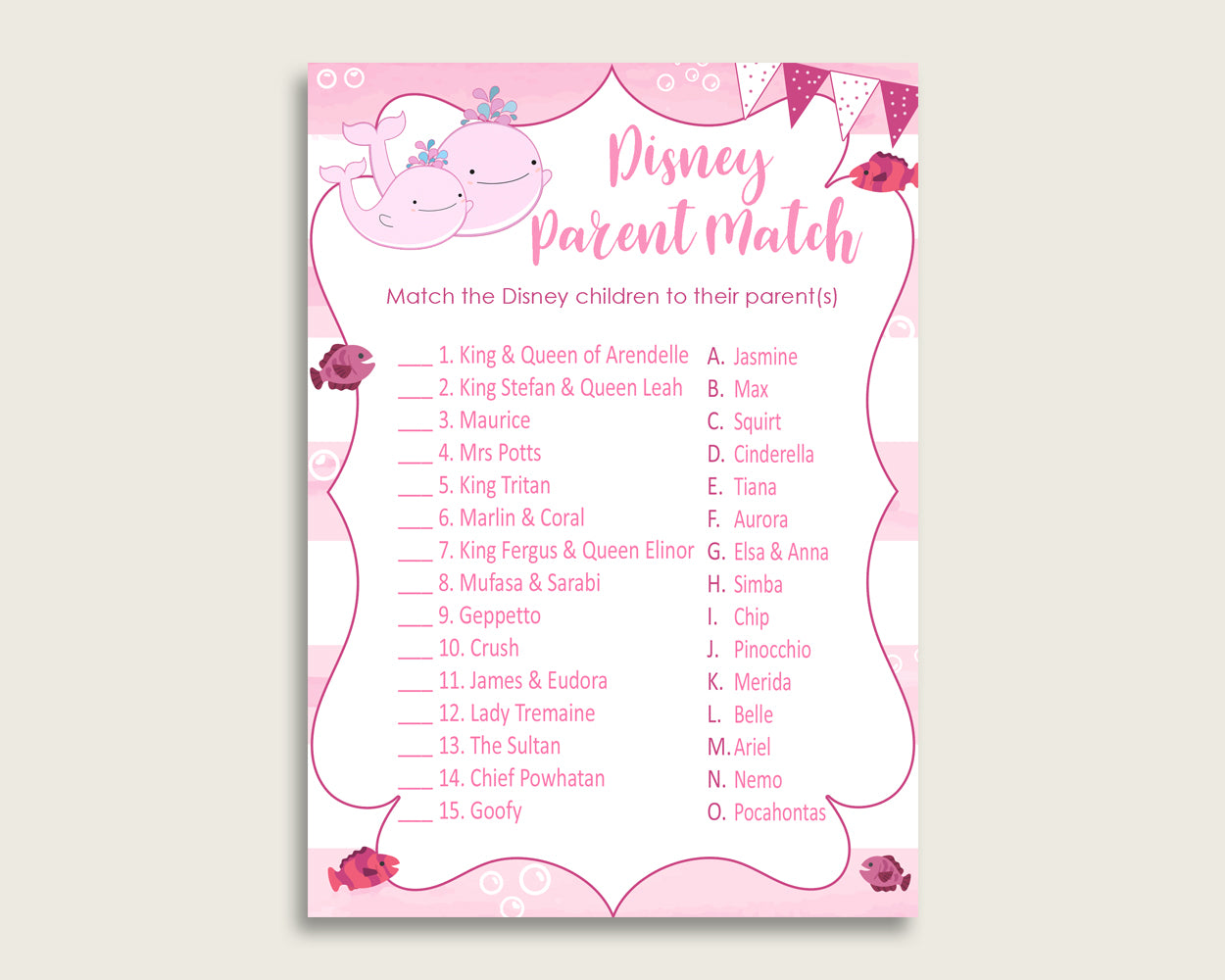 Pink Whale Disney Parent Match Game, Girl Baby Shower Game, Pink White Match The Disney Parents Printable, Instant Download, Popular, wbl02