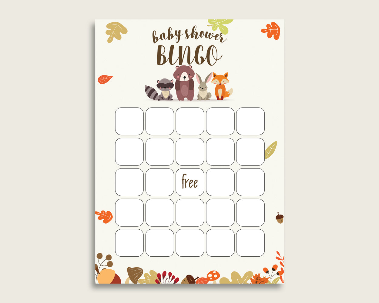 Brown Beige Baby Shower Bingo Blank Game Printable, Woodland Baby Shower Gender Neutral Bingo Blank Cards, Bingo Gift Opening Game, w0001