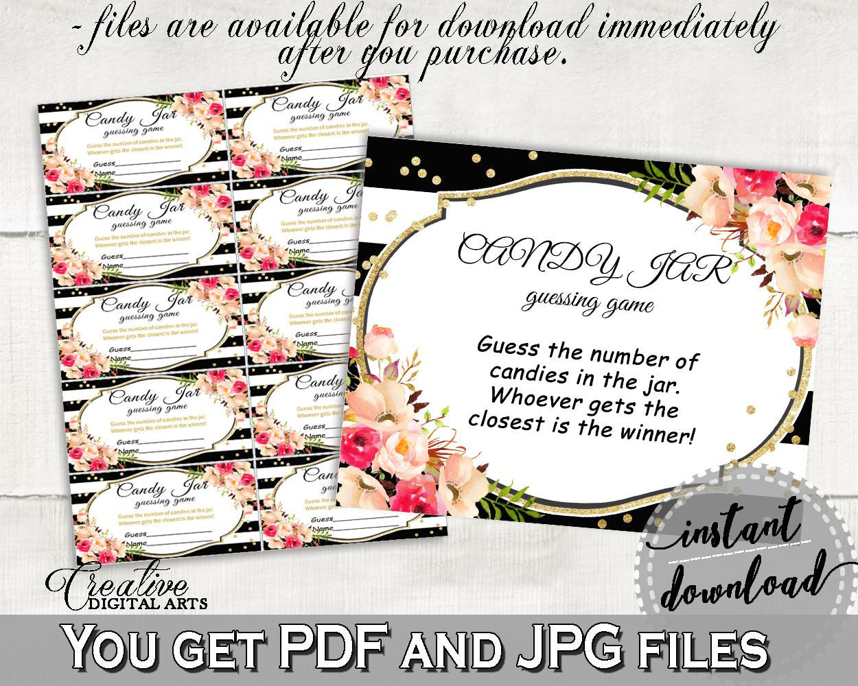 Candy Guessing Game in Flower Bouquet Black Stripes Bridal Shower Black And Gold Theme, competition, classy bride, party décor - QMK20 - Digital Product