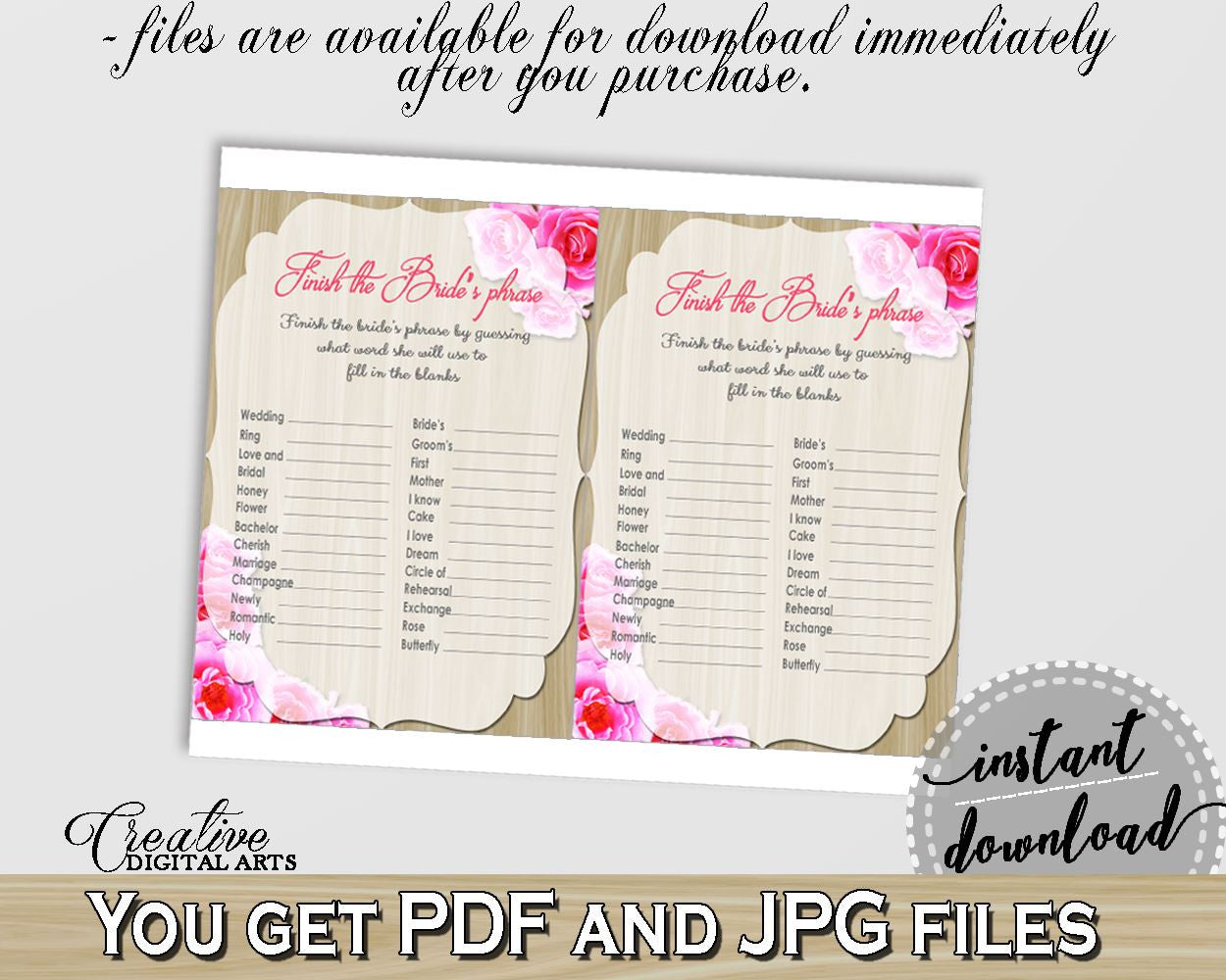 Roses On Wood Bridal Shower Finish The Bride's Phrase Game in Pink And Beige, fill bride's phrase, couple shower, party supplies - B9MAI - Digital Product