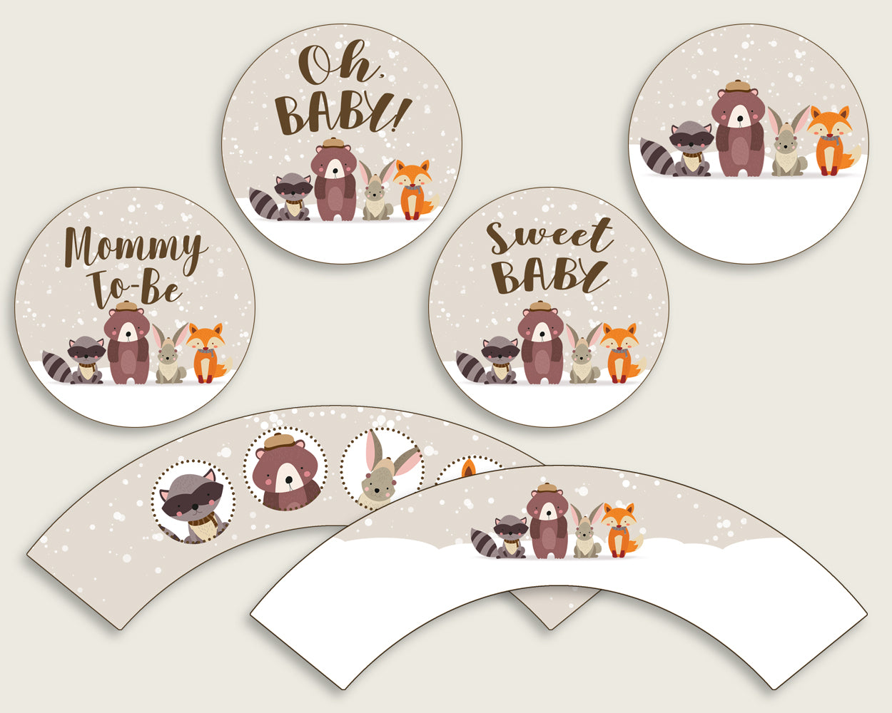 Winter Woodland Cupcake Toppers, Beige Brown Cupcake Wrappers, Toppers Wrappers Baby Shower Gender Neutral, Instant Download, RM4SN