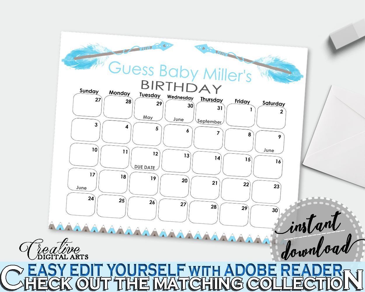 Birthday Predictions Baby Shower Birthday Predictions Aztec Baby Shower Birthday Predictions Blue White Baby Shower Aztec Birthday QAQ18 - Digital Product