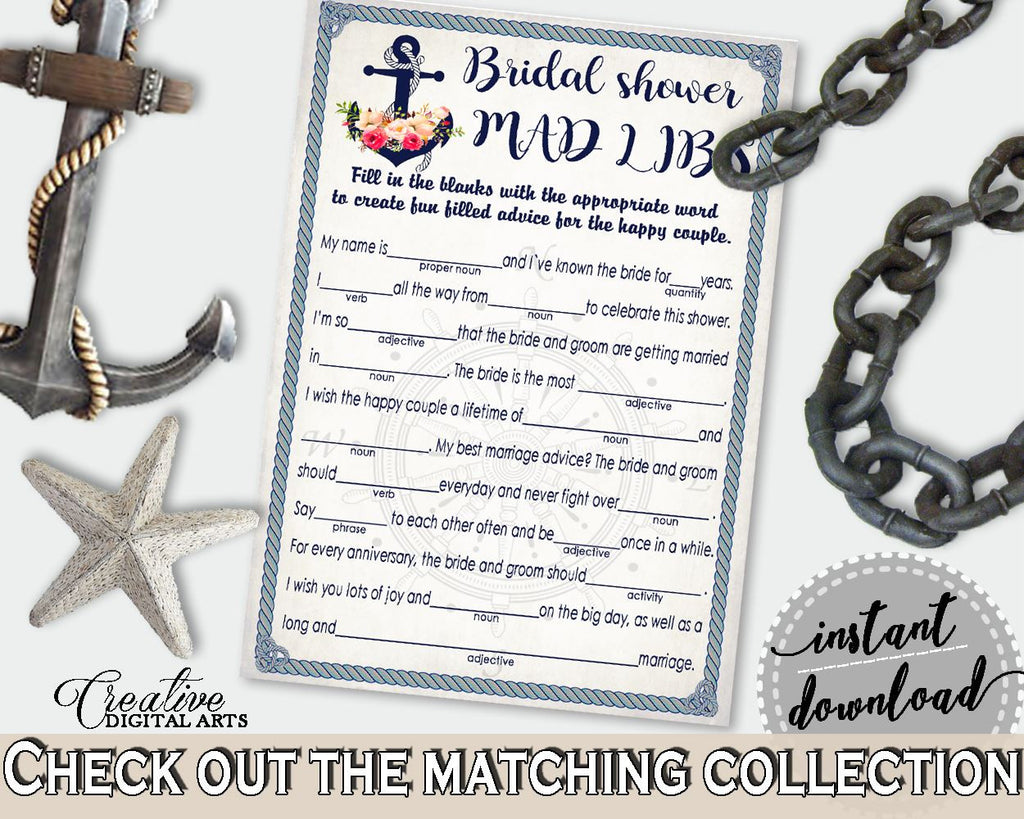 Mad Libs Game in Nautical Anchor Flowers Bridal Shower Navy Blue Theme, encouragement, navigate, digital print, party supplies - 87BSZ - Digital Product