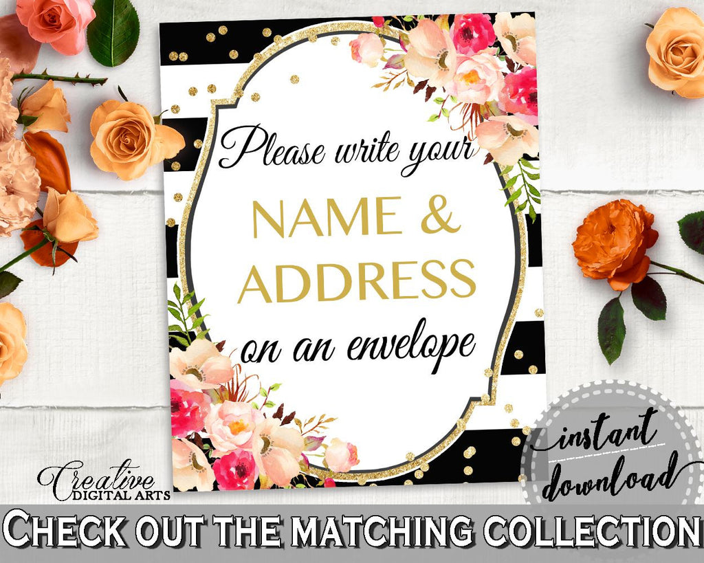 Black And Gold Flower Bouquet Black Stripes Bridal Shower Theme: Write Your Name And Address Sign - envelope card, party plan - QMK20 - Digital Product