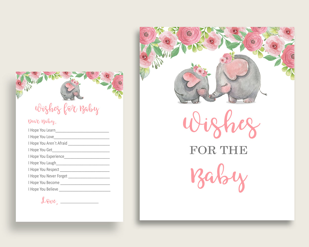 Pink Grey Wishes For Baby Cards & Sign, Pink Elephant Baby Shower Girl Well Wishes Game Printable, Instant Download, Botanical Garden ep001