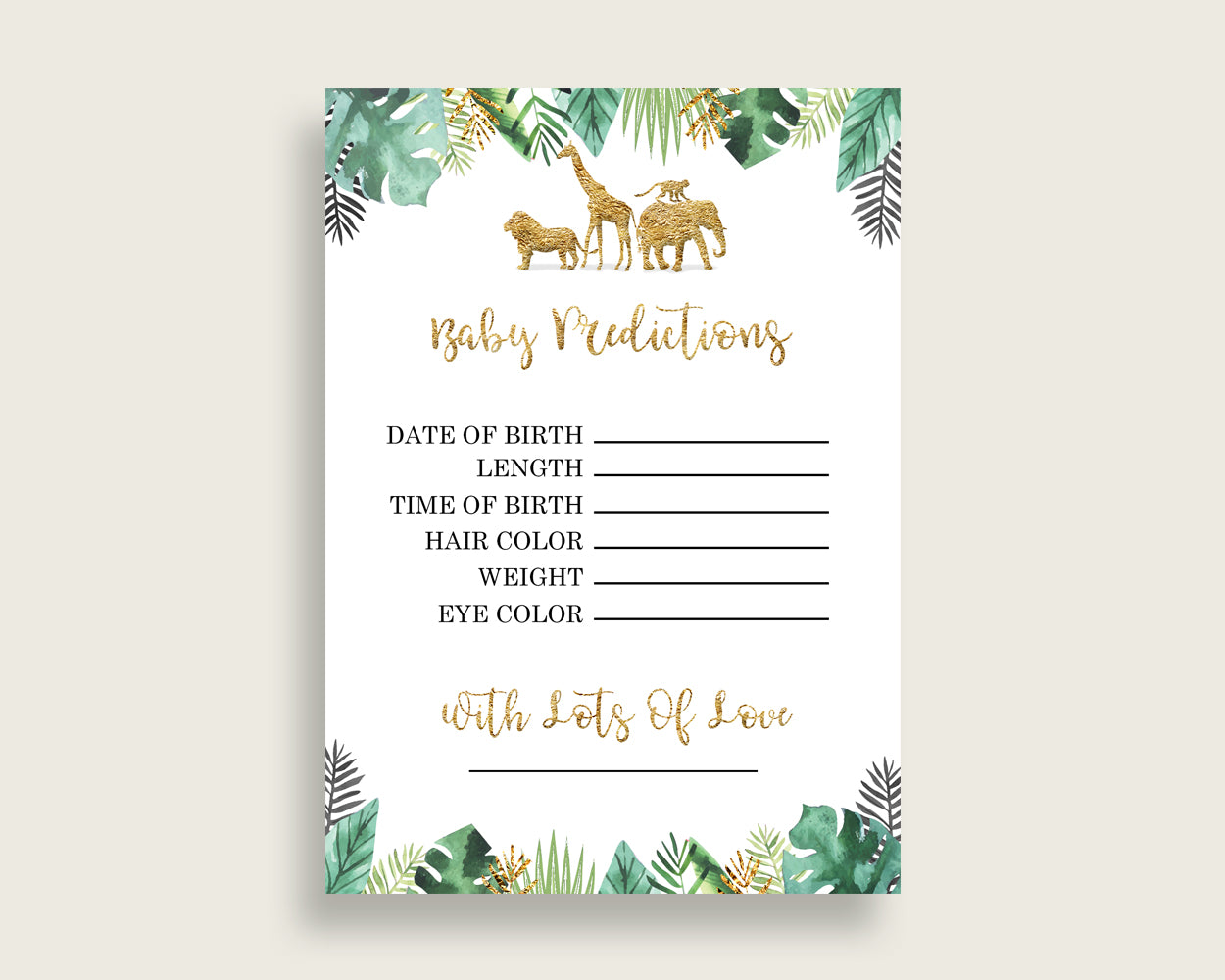 Jungle Baby Shower Prediction Cards & Sign Printable, Gold Green Baby Prediction Game Gender Neutral, Instant Download, Gold Animals EJRED