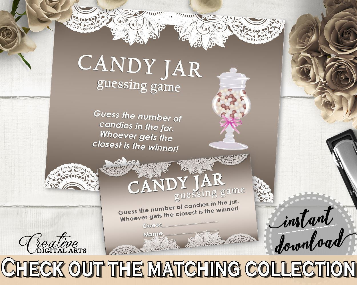 Traditional Lace Bridal Shower Candy Guessing Game in Brown And Silver, fun activity, classy shower, party theme, shower activity - Z2DRE - Digital Product