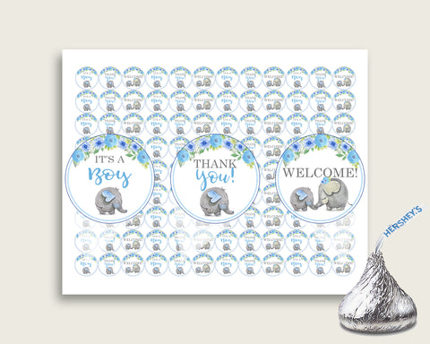 Elephant Blue Hershey Kisses Circle Printable, Blue Gray Hershey Kisses Labels Round Digital, Boy Baby Shower, Instant Download, ebl01
