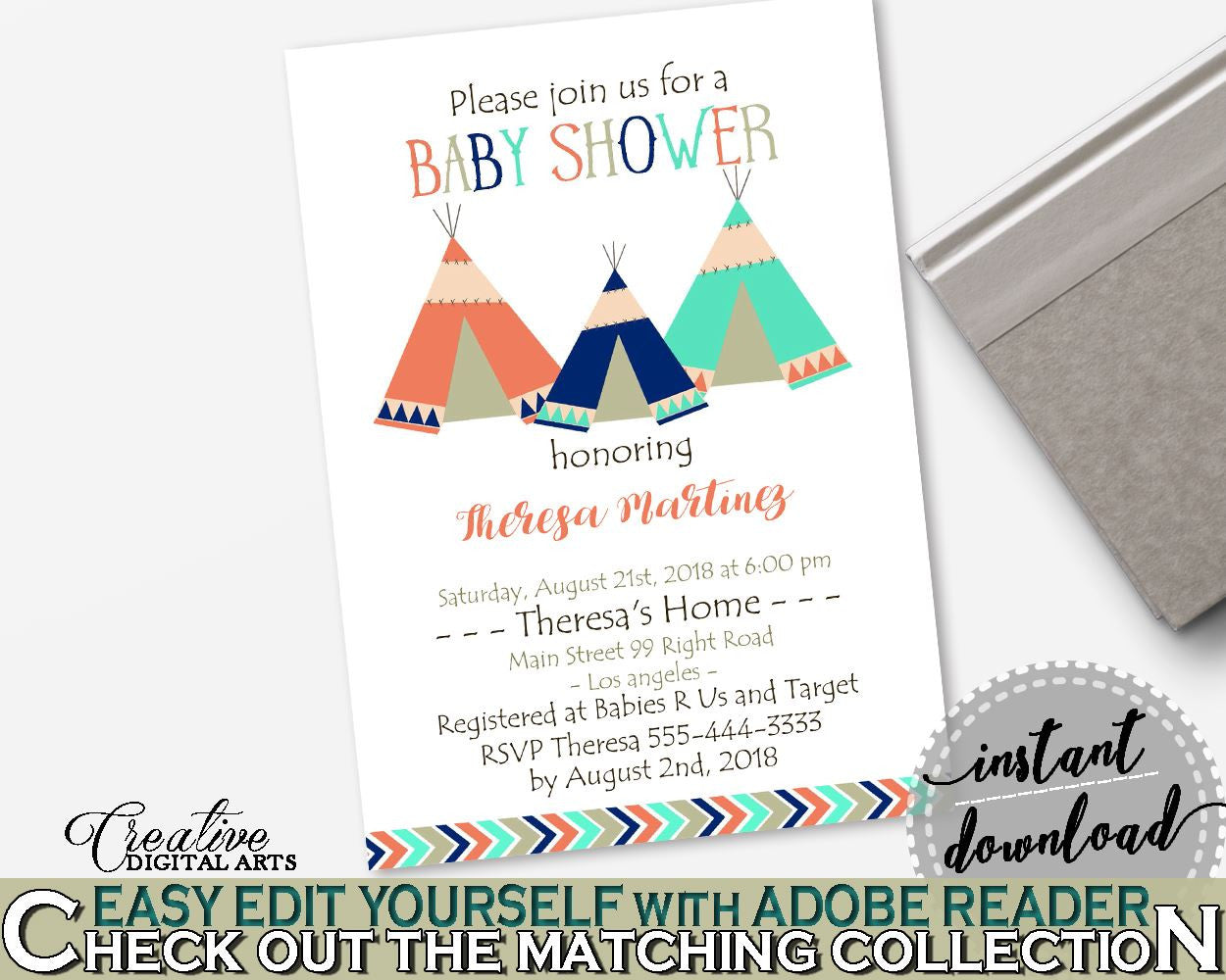 Invitation Baby Shower Invitation Tribal Teepee Baby Shower Invitation Baby Shower Tribal Teepee Invitation Green Navy party stuff KS6AW - Digital Product