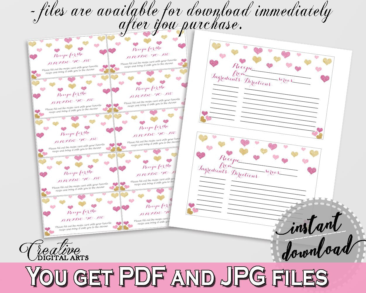 Recipe For The Bride To Be in Glitter Hearts Bridal Shower Gold And Pink Theme, print recipe card,  hearts theme shower, party plan - WEE0X - Digital Product