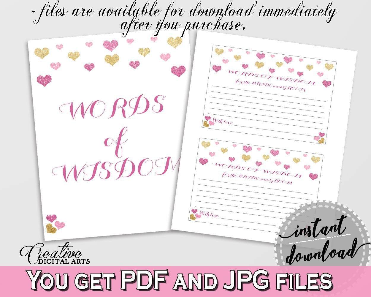 Words Of Wisdom For The Bride And Groom in Glitter Hearts Bridal Shower Gold And Pink Theme, cards and sign,  modern bridal shower,  - WEE0X - Digital Product