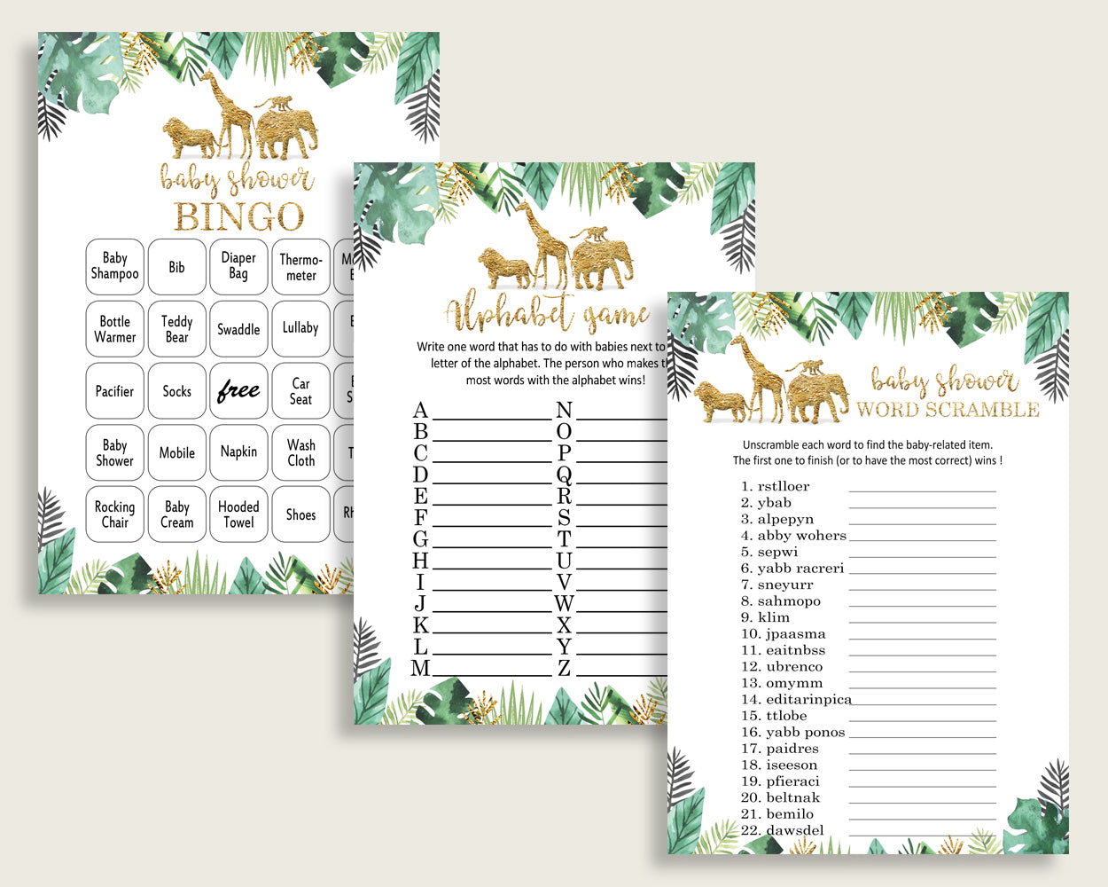 Jungle Baby Shower Games Printable Pack, Gold Green Baby Shower Games Package Gender Neutral, Jungle Games Bundle Set, Instant EJRED