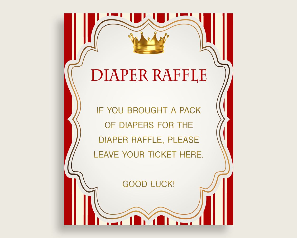 Prince Baby Shower Diaper Raffle Tickets Game, Boy Red Gold Diaper Raffle Card Insert and Sign Printable, Instant Download, 3.5x2", 92EDX