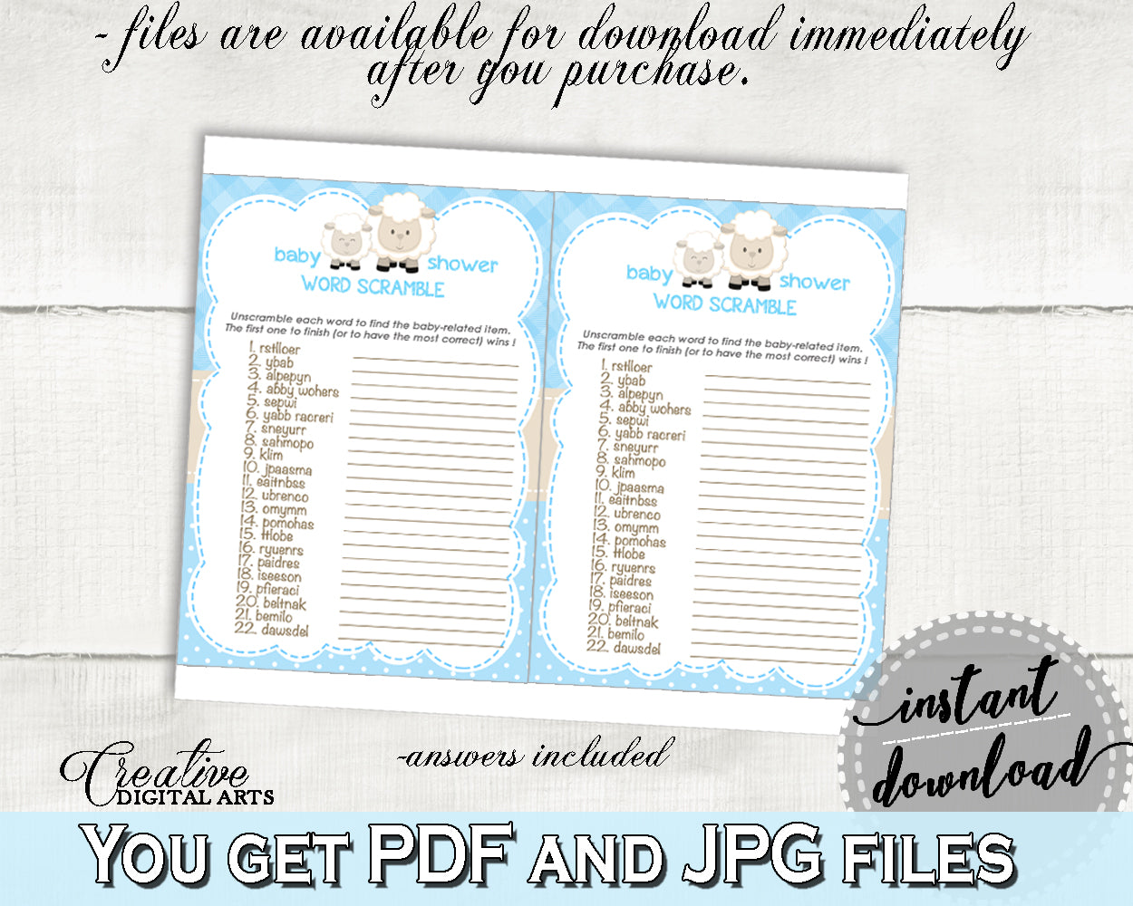 Little Lamb Baby Shower Boy WORD SCRAMBLE game blue shower theme printable sheep, digital files, Jpg Pdf, instant download - fa001