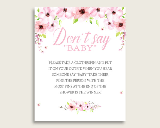 Pink Green Don't Say Baby Printable Game, Girl Baby Shower Flower Blush Game Sign, Instant Download, 8x10, Flowers Theme Cute Flowers VH1KL