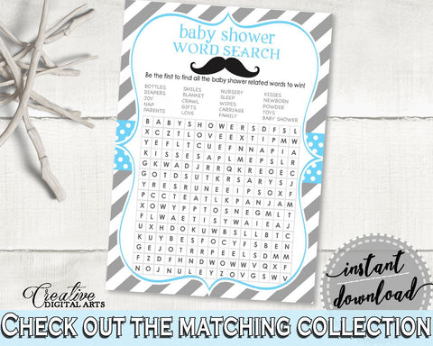 Word Search, Baby Shower Word Search, Mustache Baby Shower Word Search, Baby Shower Mustache Word Search Blue Gray party theme - 9P2QW - Digital Product