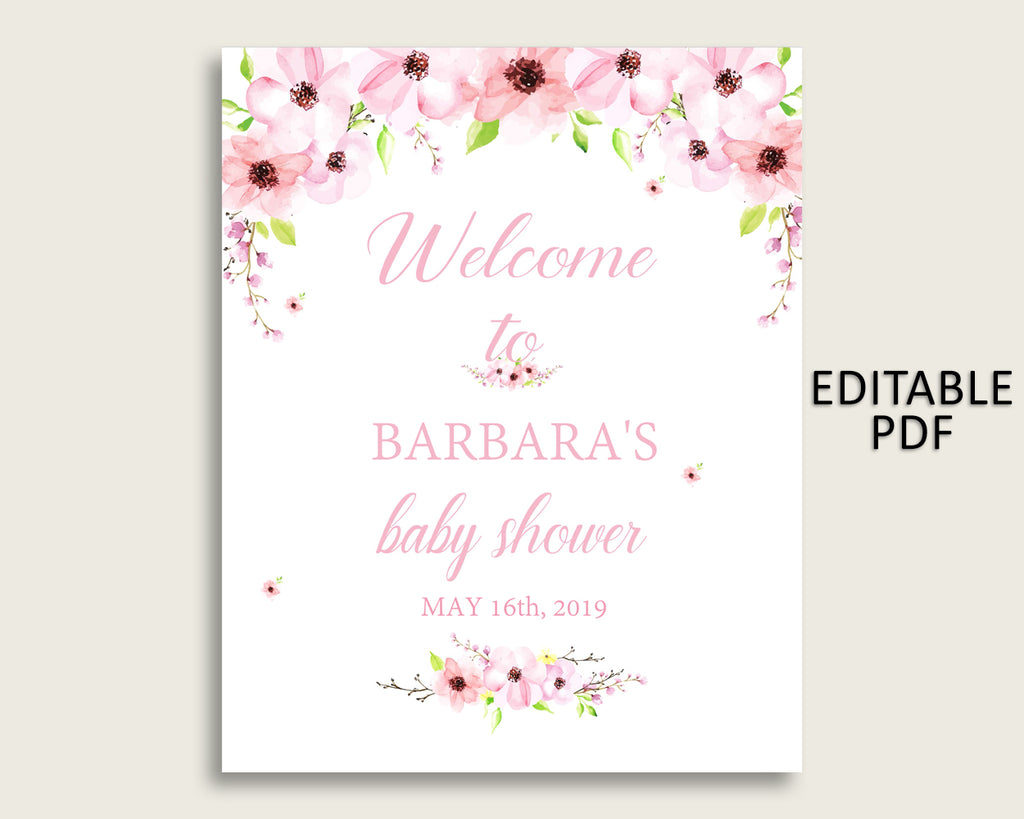 Pink Green Flower Blush Baby Shower Welcome Sign Printable, Party Large Sign, Editable Welcome Sign Girl, Yard Sign, Instant Download, VH1KL
