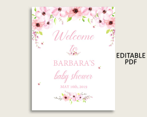 Pink Green Flower Blush Baby Shower Welcome Sign Printable, Party Large Sign, Editable Welcome Sign Girl, Yard Sign, Instant Download, VH1KL