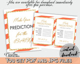 PREDICTIONS FOR BABY sign and cards activity printable for baby shower with white orange color striped theme, instant download - bs003