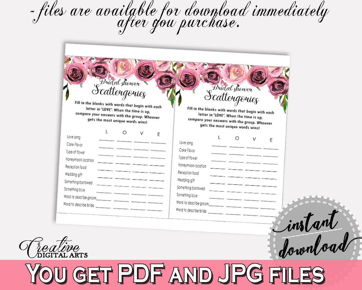 Scattergories Bridal Shower Scattergories Floral Bridal Shower Scattergories Bridal Shower Floral Scattergories Pink Purple prints BQ24C - Digital Product