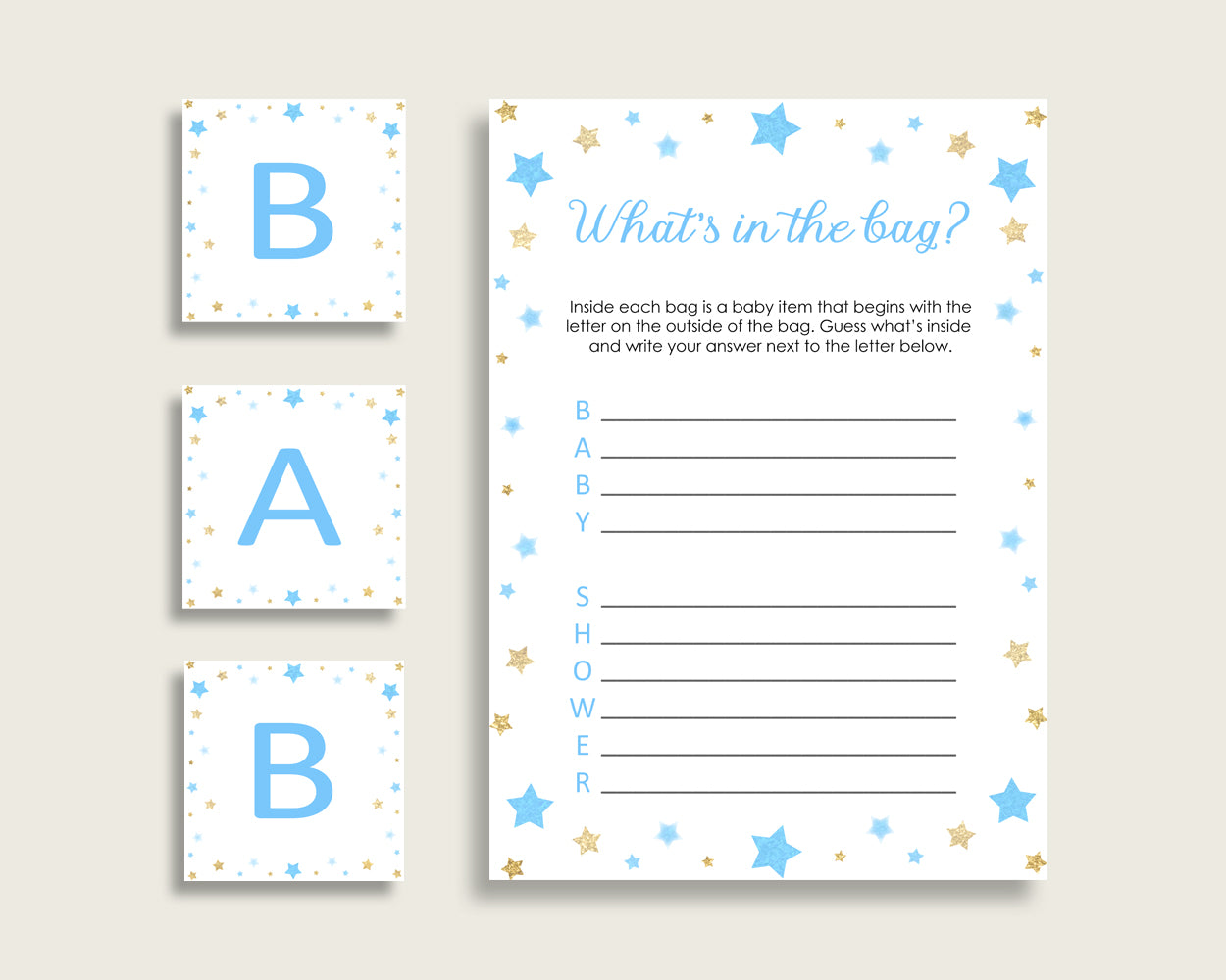 Stars Baby Shower What's In The Bag Game, Blue Gold Boy Bag Game Printable, Instant Download, Most Popular Little Star bsr01