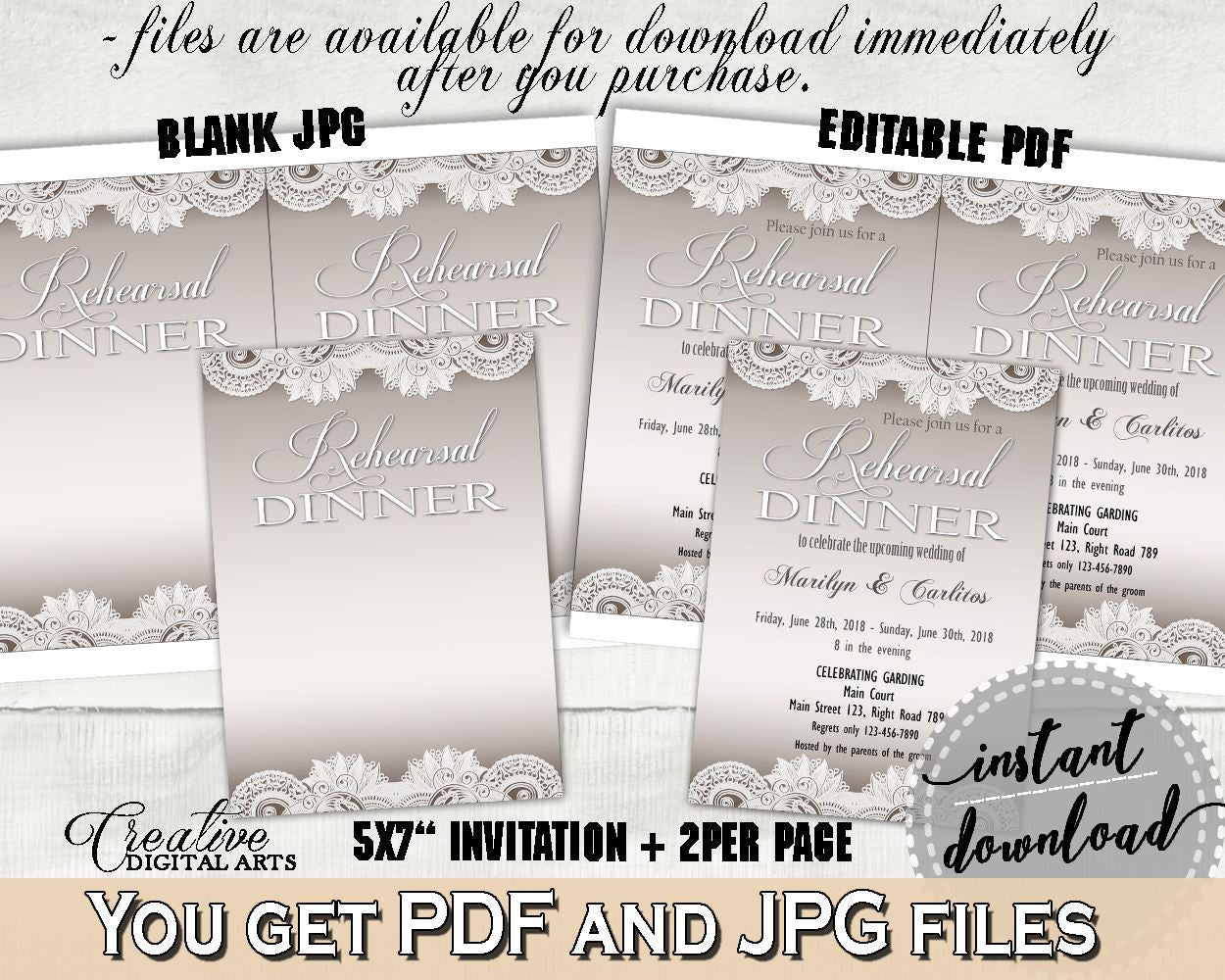 Rehearsal Dinner Invitation Editable in Traditional Lace Bridal Shower Brown And Silver Theme, shower rehearsal, party stuff - Z2DRE - Digital Product